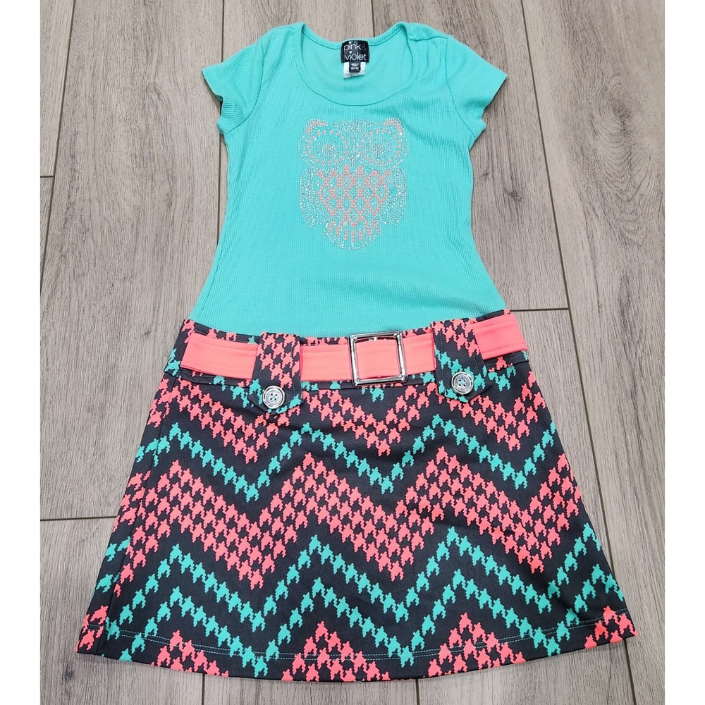 Girls 7/8 Y2K Owl Rhinestone Turquoise Houndstooth Belted Dress Pink & Violet
